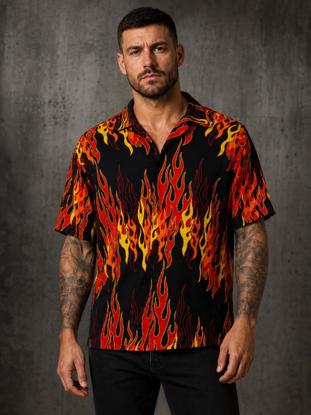 Fresh Prints of Bel-Air Flame Shirt Mens XL Black Rayon Button Up Y2K